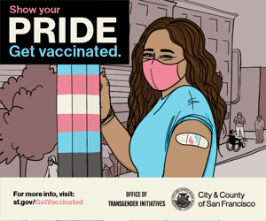 Illustration showing a trans person encouraging people to get vaccinated 
