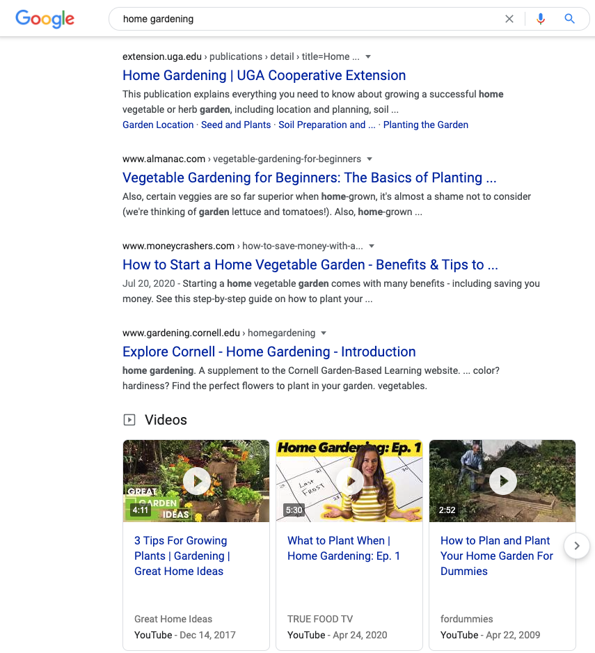 Screenshot of a Google Search for 'Home Gardening" to show SEO best practices 