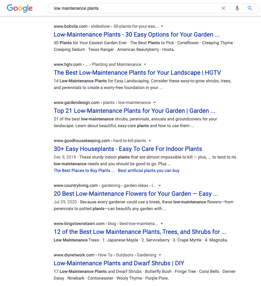 Screenshot of a Google Search for 'low maintenance plants' to show SEO