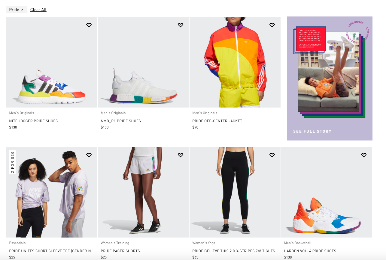 Screen Capture of Adidas' Pride section
